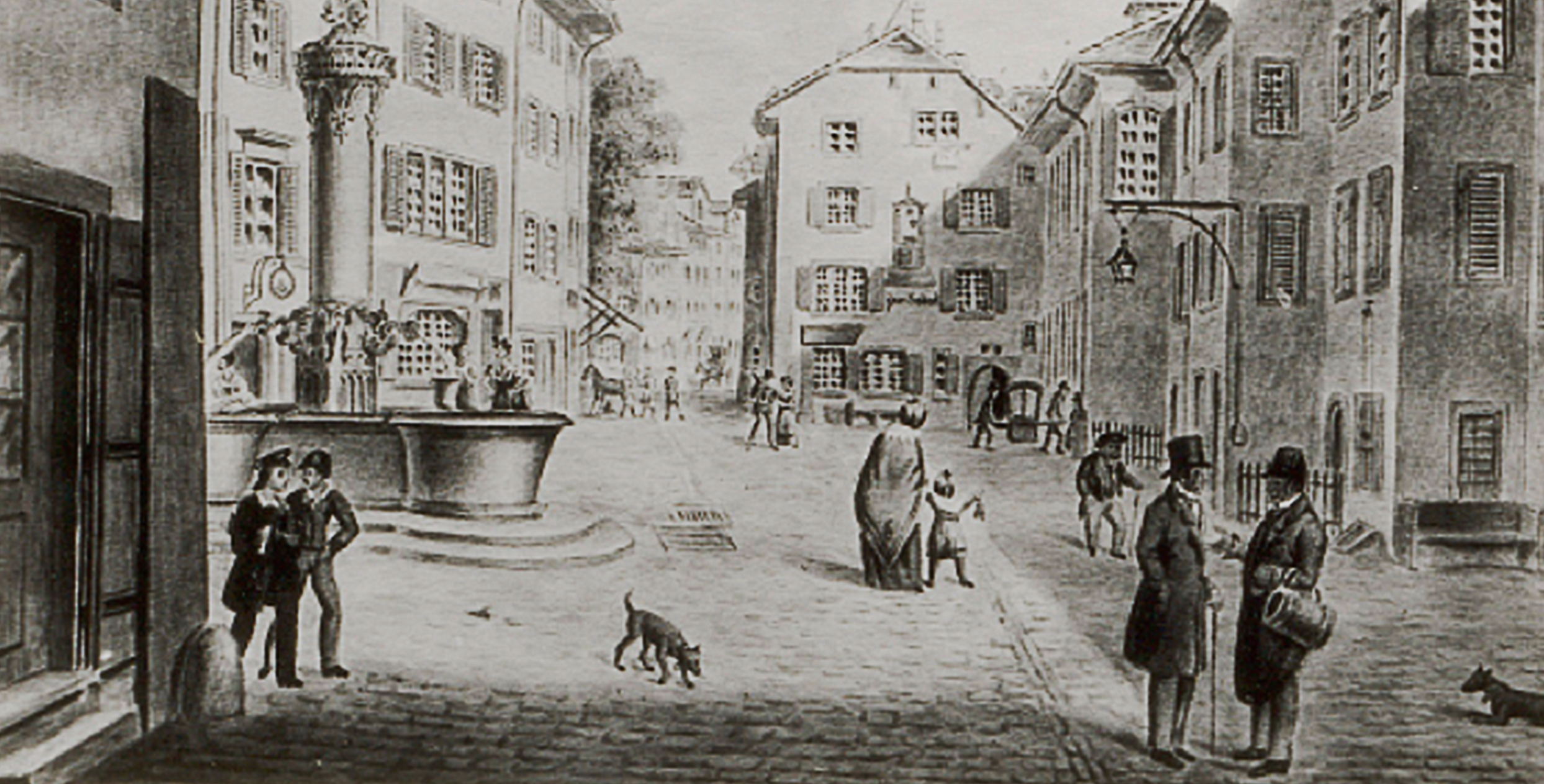alte schwarz-weiss Zeichnung an den Schwellen vom Heilig-Geist-Spital in der Stadt Basel, auf der linken Seite der noch heute vorhandene Dreizack-Brunnen in der heutigen Freien Strasse und den Bürgern im Fokus<br/>