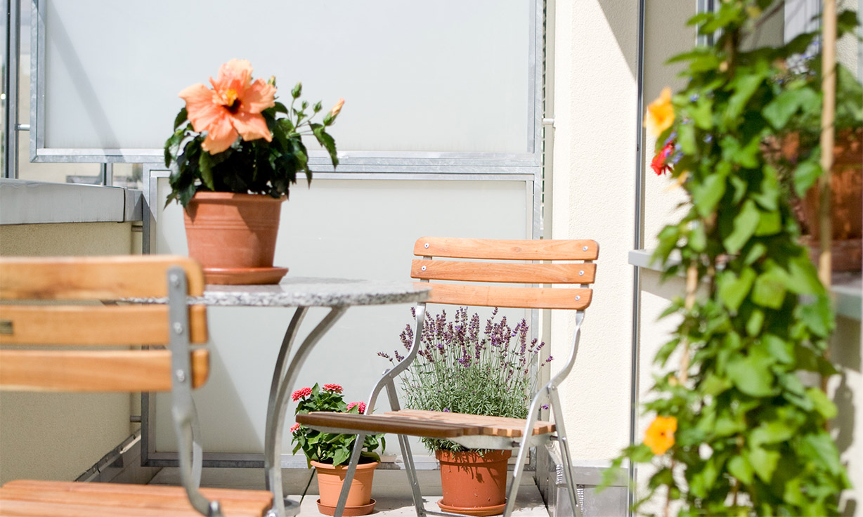 Eine helle Terasse mit Blumentöpfen, einem Topf mit Lavendel-Blüten einem Tisch mit Zwei Stühlen.